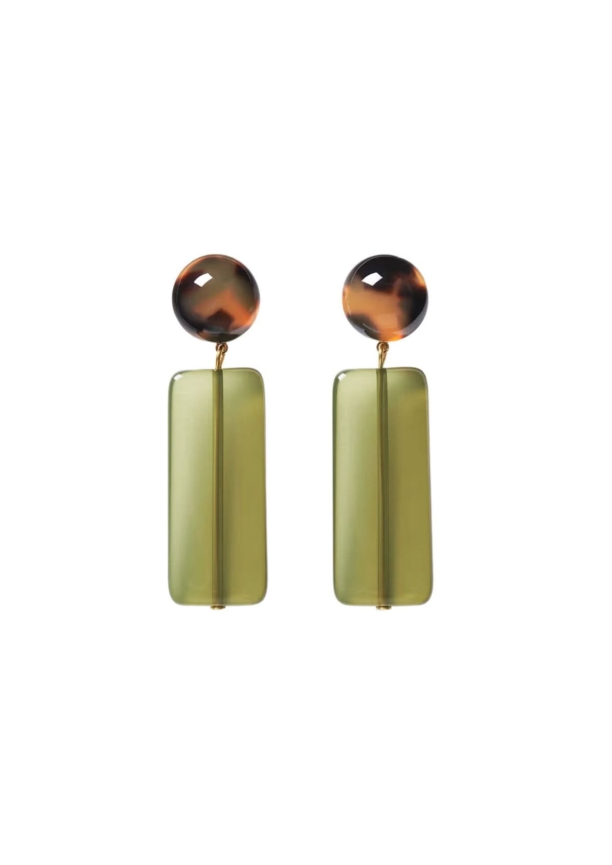 A pair of Soloviera dangle earrings featuring a polished tortoiseshell resin sphere post, connected by small gold-tone links to a long, semi-translucent olive green rectangular prism drop.